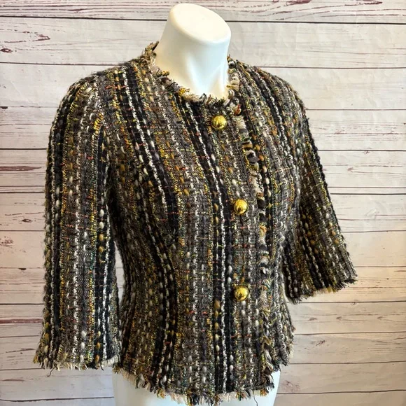 CABi 175 Paris Tweed Cropped Blazer Jacket Size Small Black Gold Button Fringe - Picture 4 of 12